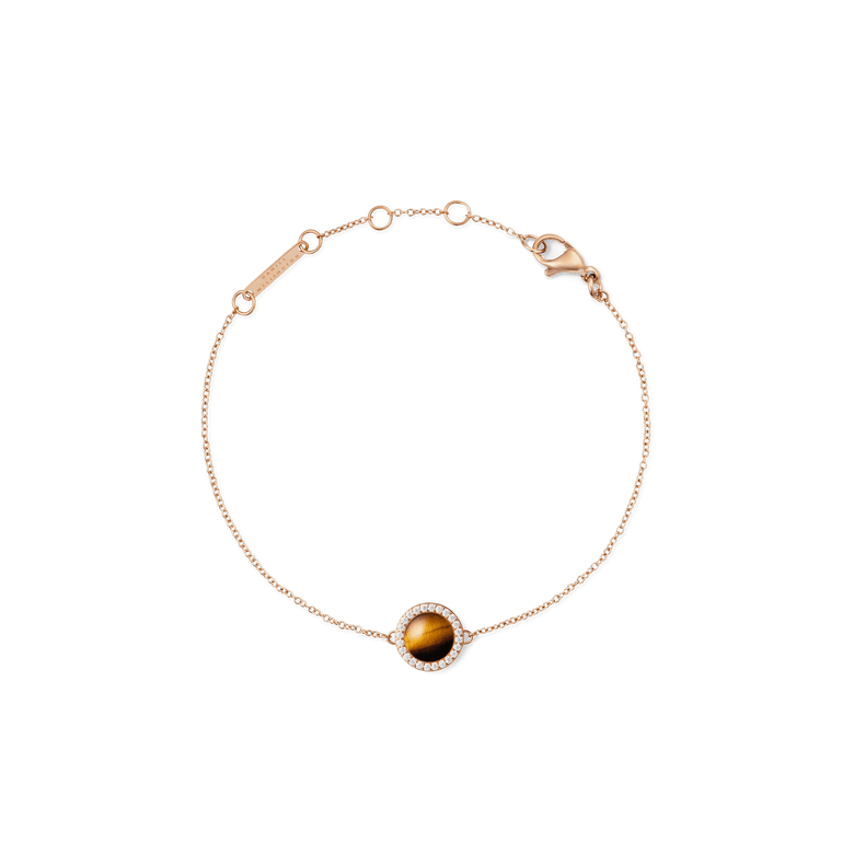 Rose gold bracelet with a delicate chain, featuring a central tiger eye stone framed by a circle of white cubic zirconia and an adjustable clasp for a comfortable fit.