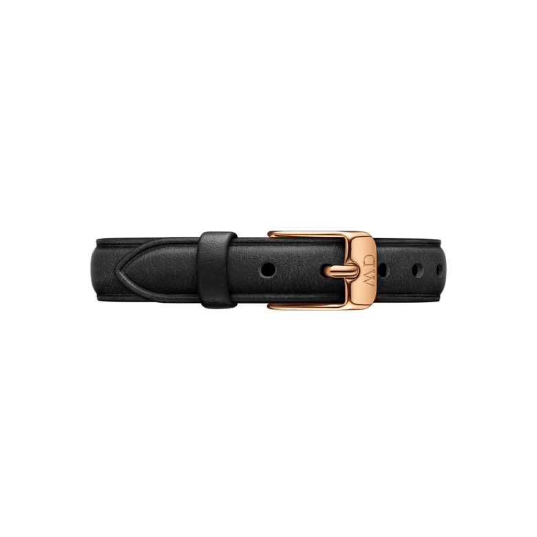 Pressed Sheffield Strap Rose Gold displays a classic black leather watch strap with a smooth pressed finish and a rose gold buckle, designed for a comfortable and stylish fit on any wrist.
