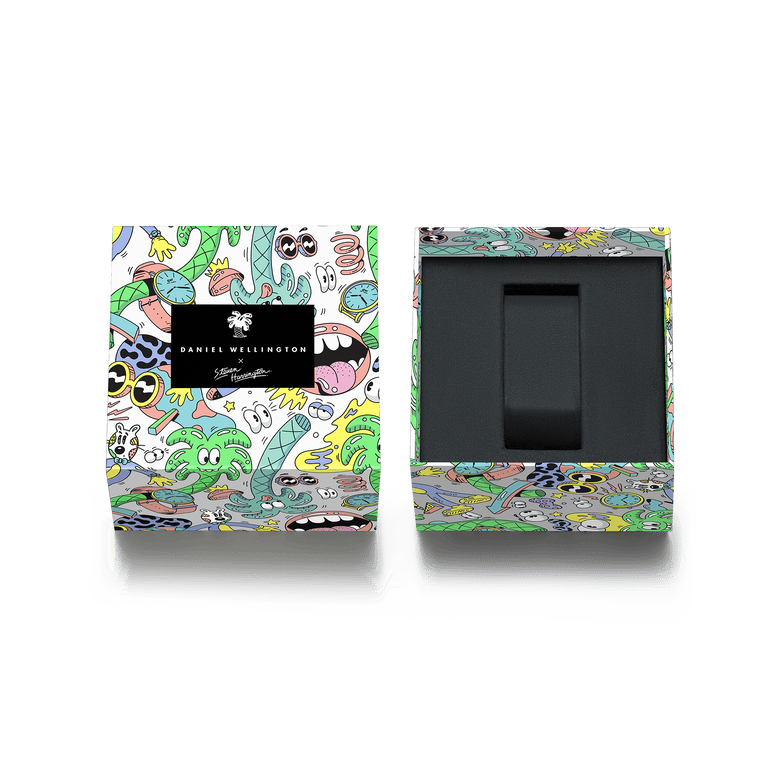 Limited edition Steven Harrington x Daniel Wellington watch box featuring colourful cartoon artwork, with a secure black interior compartment for storing a watch or accessories.