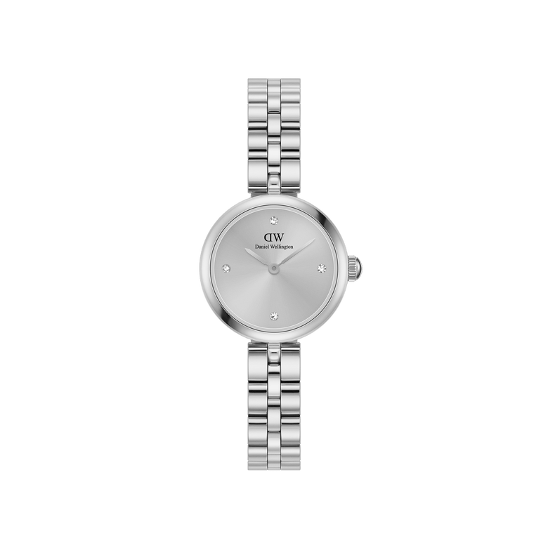 Elan Lumine Unitone Silver ladies watch with a round minimalist silver dial, crystal hour markers, and a polished stainless steel link bracelet, designed for everyday elegance and versatility.
