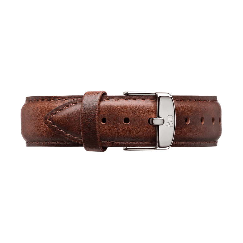 St Mawes Strap Silver showcases rich brown genuine leather with a smooth finish, detailed stitching, and a polished silver buckle, suitable for both men's and women's watches.