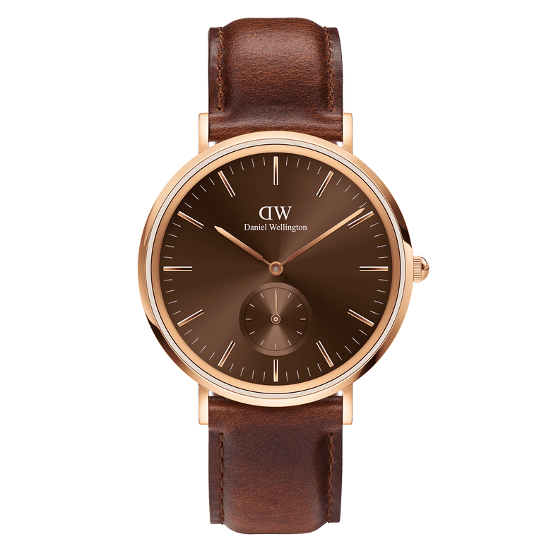 Classic Multi-Eye St Mawes Amber Rose Gold men's watch with a round rose gold case, brown amber dial, minimalist markers, and a genuine brown leather strap. The chronograph subdial and refined detailing highlight its versatile, elegant style suitable for everyday wear.