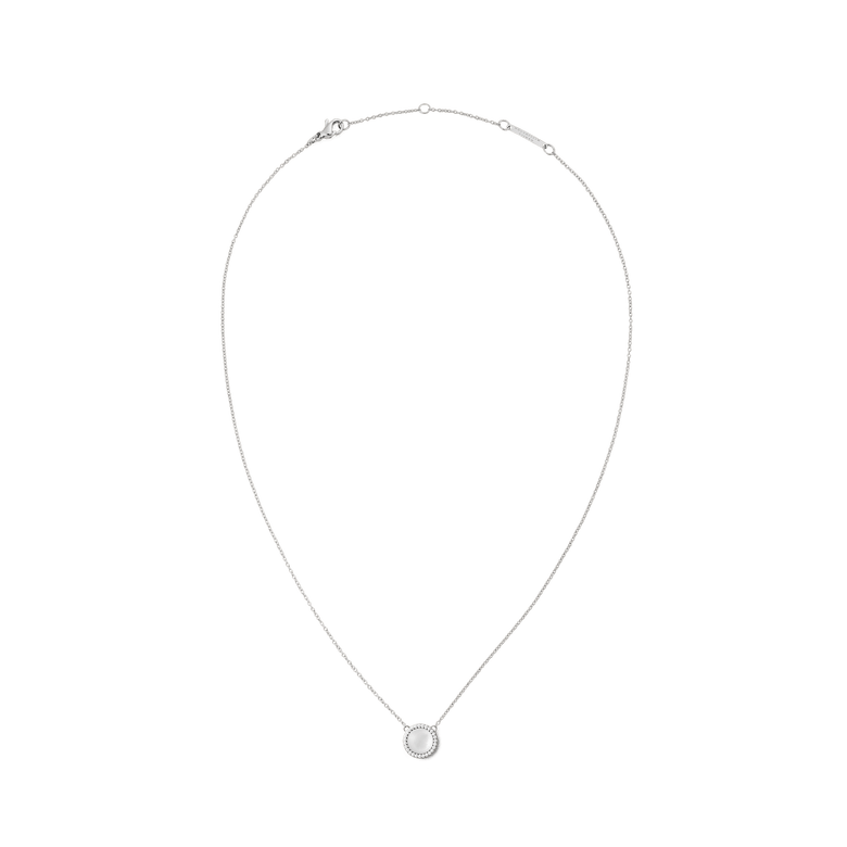 Silver necklace with a delicate chain featuring a round mother of pearl pendant framed by a halo of white cubic zirconia crystals, highlighting its minimalist and elegant design.