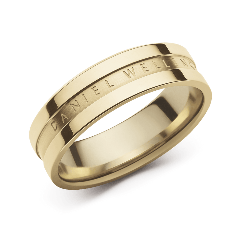 Gold Elan Ring with a polished band silhouette and subtle engraved Daniel Wellington logo, crafted from stainless steel with PVD gold plating for a refined, minimalist look.
