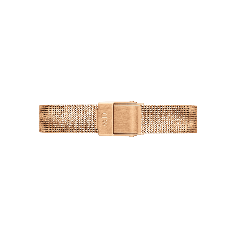 Pressed Melrose Strap Rose Gold features a slim 10mm rose gold mesh design with a polished fold-over clasp, showcasing its refined texture and elegant finish suitable for petite watches and smaller wrists.