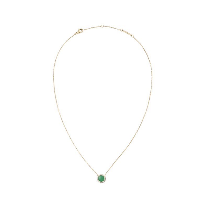 Gold necklace with a delicate chain featuring a round jade pendant framed by white cubic zirconia crystals, designed for a refined and modern look.