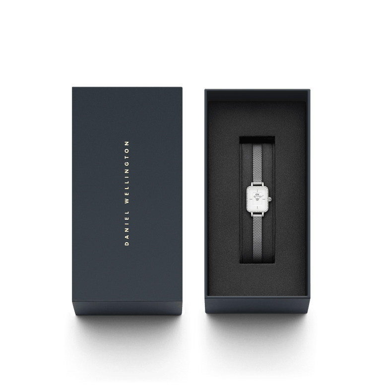 Quadro Mini Lumine Bezel Silver ladies watch presented in a sleek black Daniel Wellington gift box, featuring a crystal-studded bezel and silver mesh strap, ideal for gifting or festive occasions.