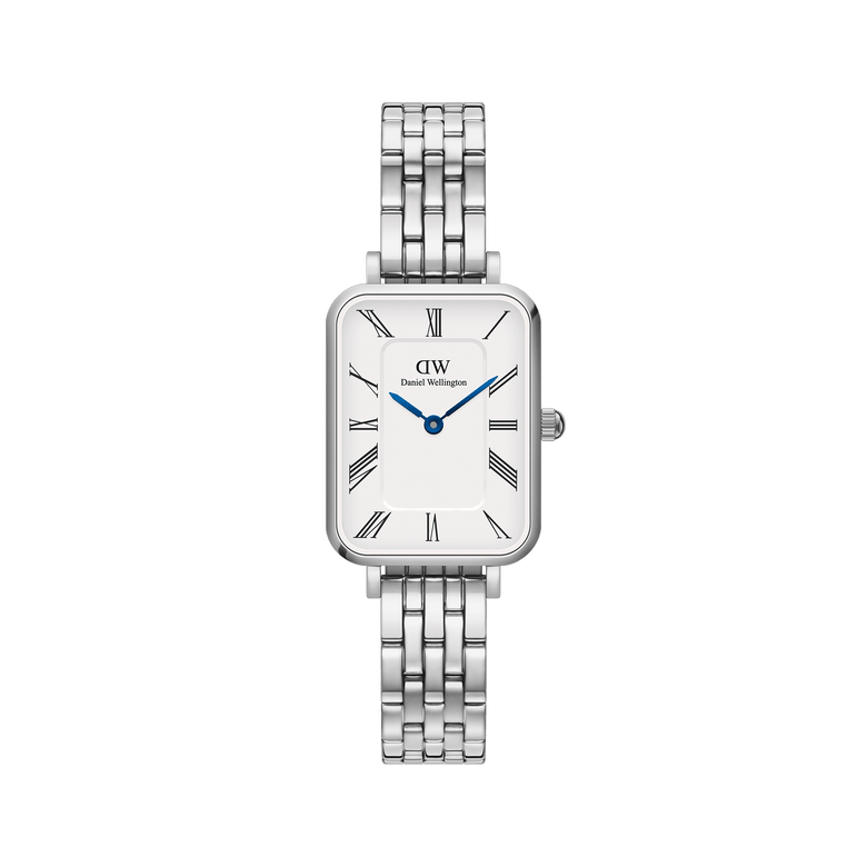 Quadro Roman Numerals 5-Link Silver watch with a rectangular white dial, roman numerals, blue hands, and a polished five-link stainless steel strap, offering a refined and versatile look for everyday wear.