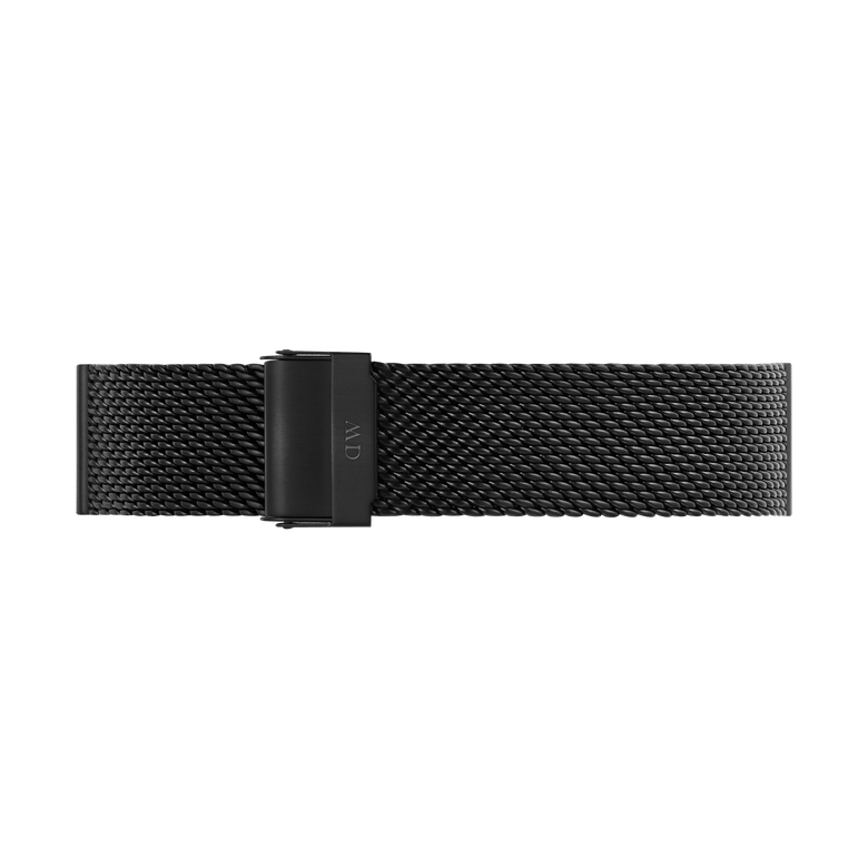 Black Onyx Mesh Strap in 21mm with a fine woven texture, folded clasp, and sleek PVD-coated stainless steel finish, suitable for both classic and modern watches.