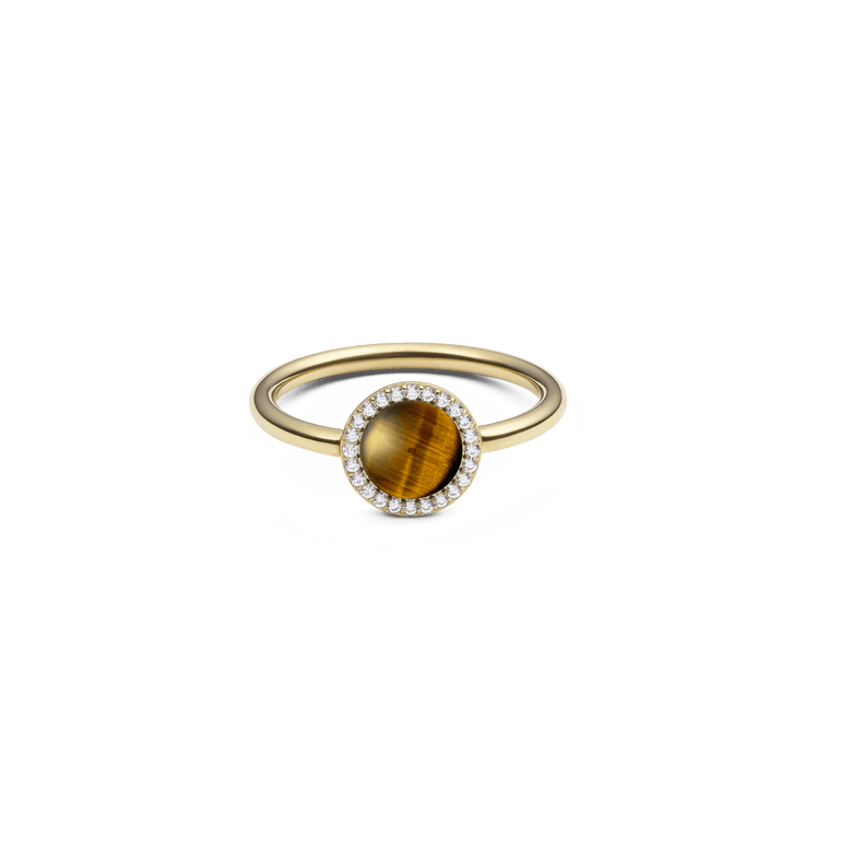Gold ring with a slim band featuring a round tiger eye gemstone at the centre, surrounded by a halo of white cubic zirconia crystals for a refined, elegant look.