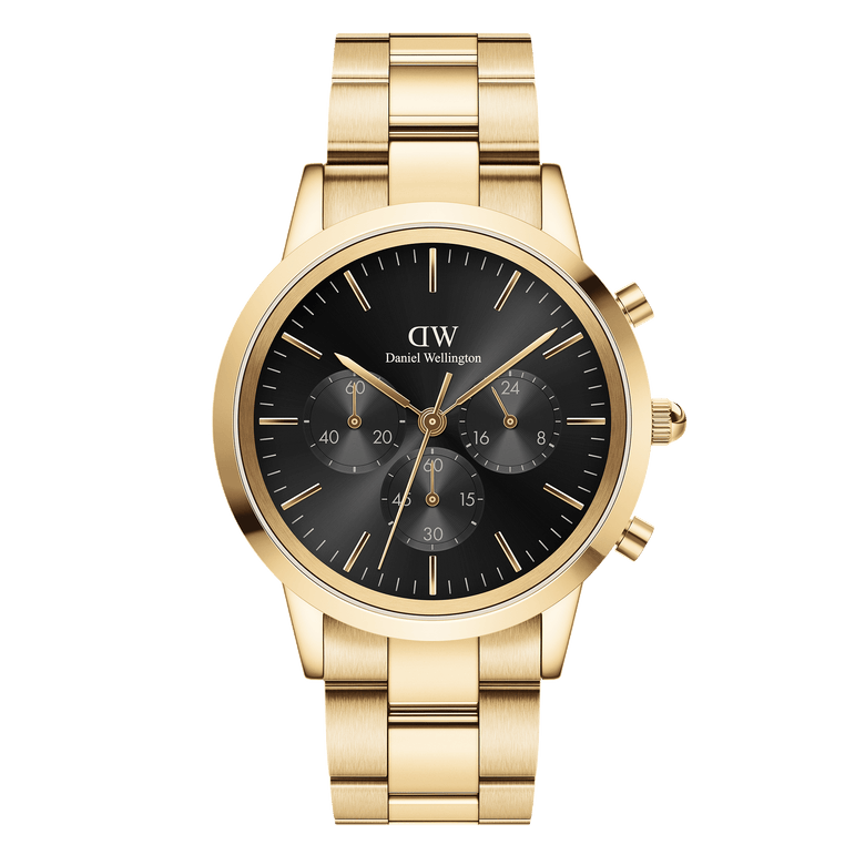 Gold Iconic Chronograph Link Onyx G men's watch with a black sunray dial, three sub-dials, and a polished gold stainless steel bracelet, blending classic style with modern chronograph functionality.