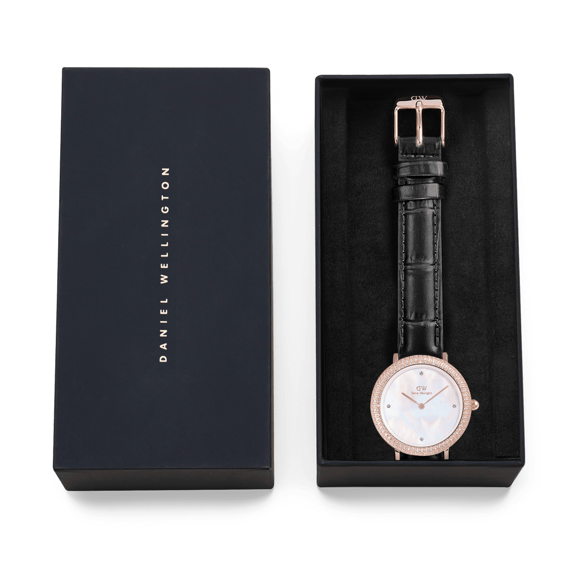 Crystalline Bezel Black Croc Rose Gold ladies watch with a black croc-embossed leather strap and crystal-set bezel, presented in a Daniel Wellington gift box.