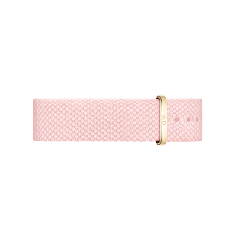 Rosewater Strap Gold features a pastel pink recycled polyester NATO watch strap with a gold adjustable buckle, offering a stylish and comfortable option for Daniel Wellington watches.