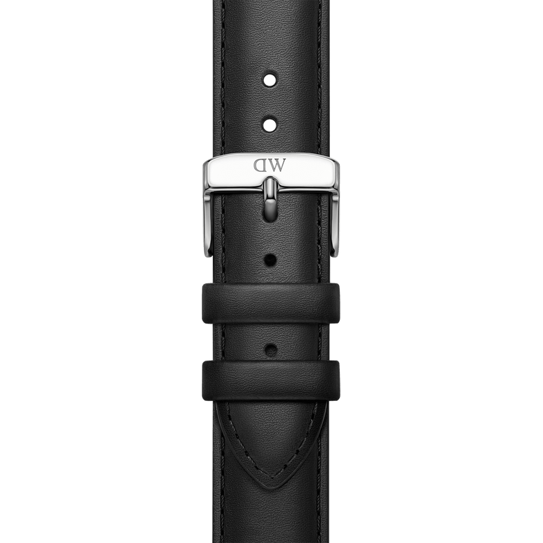 Smartwatch Strap Leather Silver in black genuine leather, featuring neat stitching, adjustable holes, and a polished silver buckle for a classic and comfortable fit.