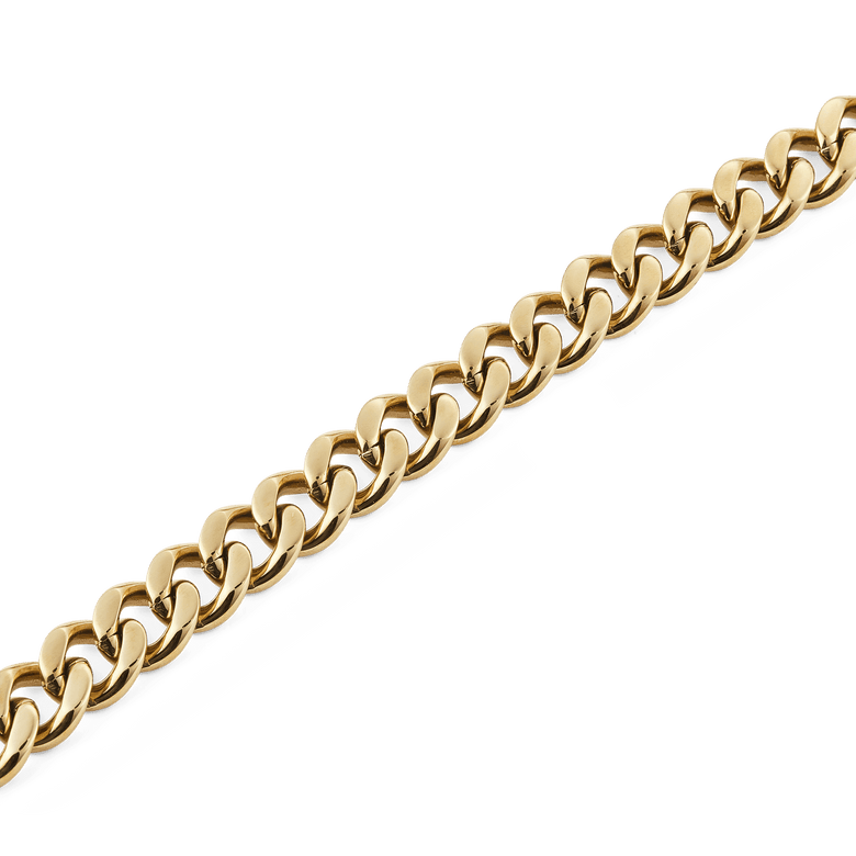 Close-up of the Ellipse Cuban Chain Necklace Gold, highlighting its chunky, polished Cuban links and smooth gold-plated finish.