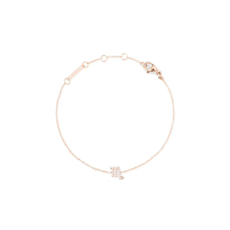 Crystal Zodiac Chain Bracelet Rose Gold with a fine rose gold chain, adjustable sizing rings, and a sparkling crystal Scorpio zodiac pendant.