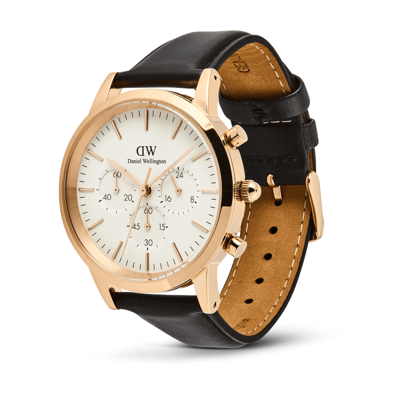 Iconic Chronograph Sheffield RG men’s watch with a rose gold case, white dial, three chronograph sub-dials, and an adjustable black leather strap, combining classic styling with practical features.
