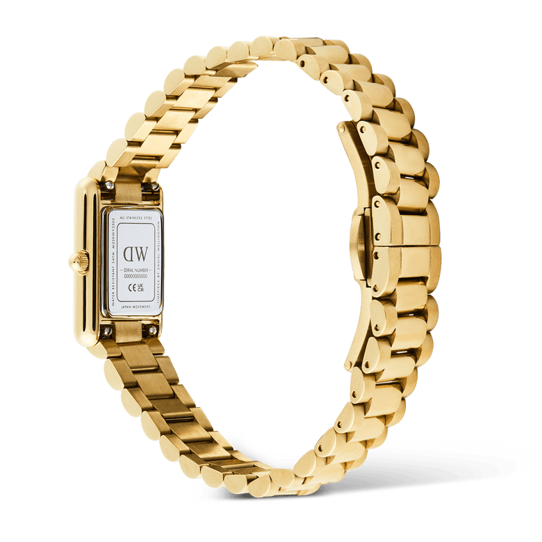 Back view of the Bound Mini 3-Link Gold watch showing the stainless steel case back, gold rectangular case, and the classic 3-link gold bracelet with butterfly clasp.