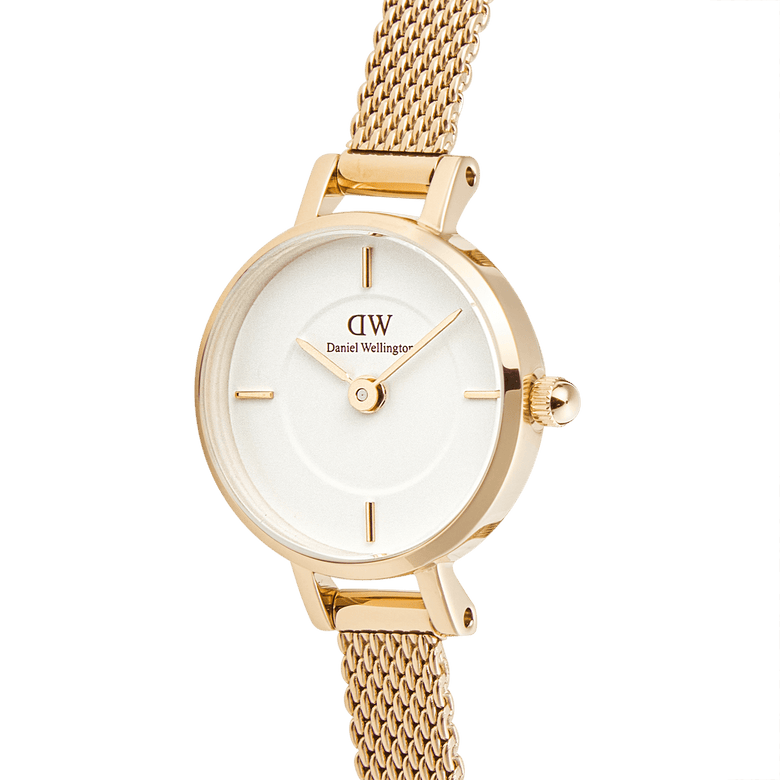 Close-up of the Petite Mini Evergold gold mesh strap watch featuring a petite 19mm round case, minimalist white dial, and slim gold finish, ideal for women seeking a refined and lightweight accessory.