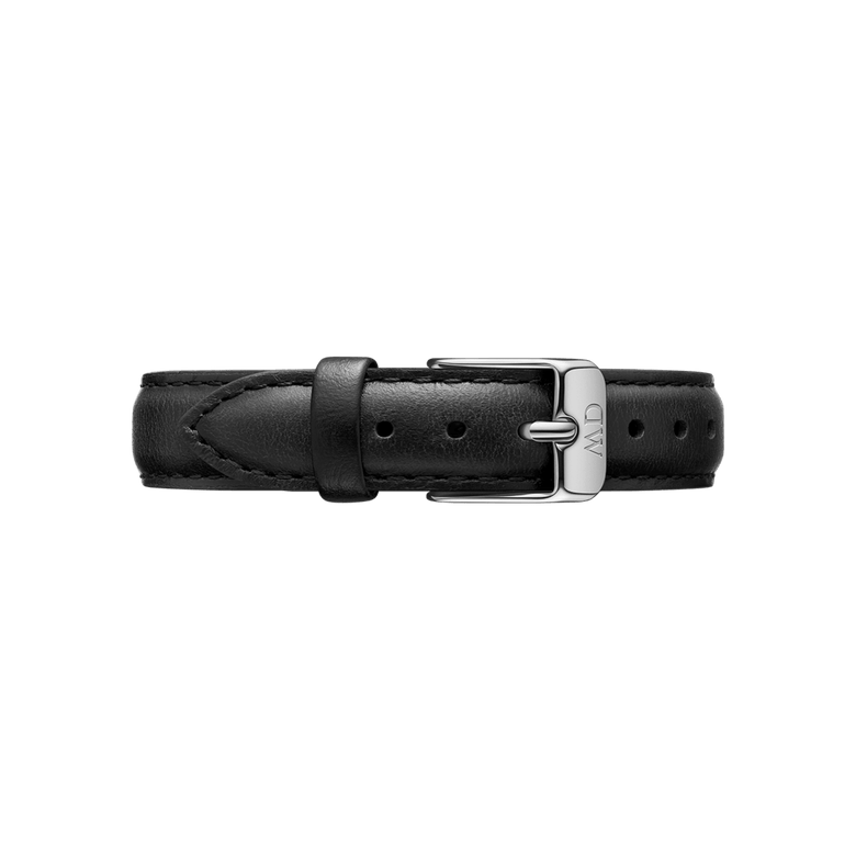Sheffield Strap Silver replacement watch strap in black genuine leather with a polished silver buckle, detailed stitching and a slim, comfortable profile.