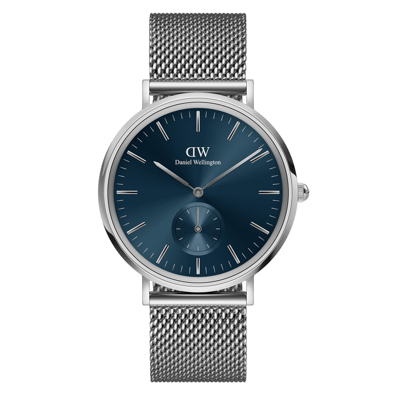 Classic Multi-Eye Sterling Arctic men's watch with a deep blue dial, minimalist silver hour markers, and an adjustable silver mesh strap, featuring a multi-eye chronograph and a round stainless steel case.