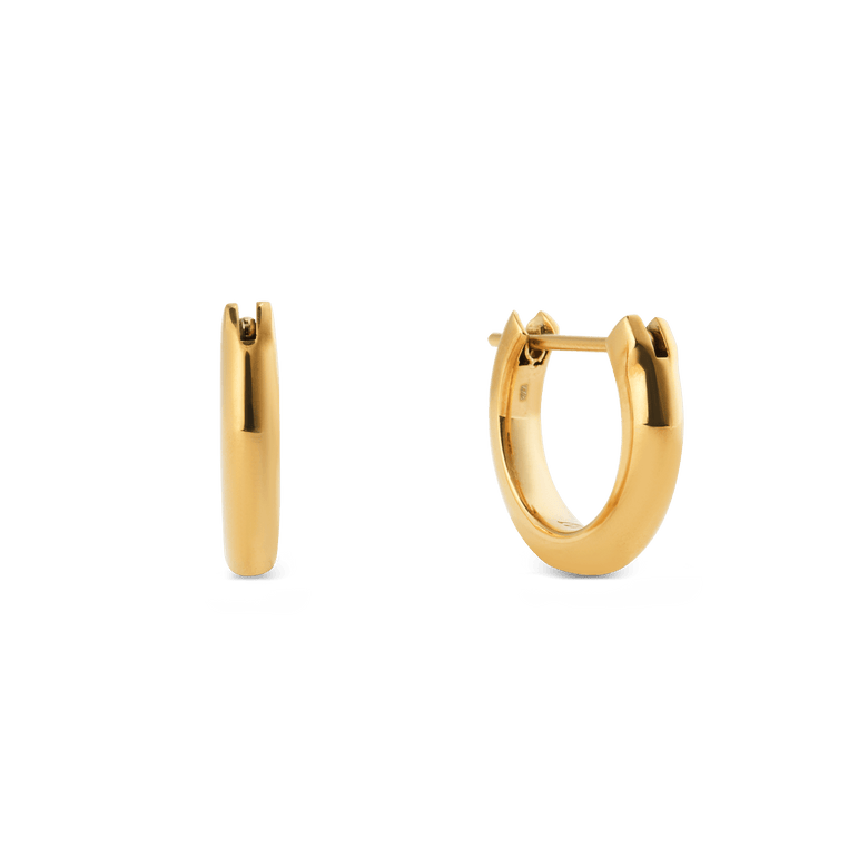 Small gold hoop earrings with a softly rounded arch design and high-shine finish, shown from the side and front to highlight their minimalist style and secure pin closure.