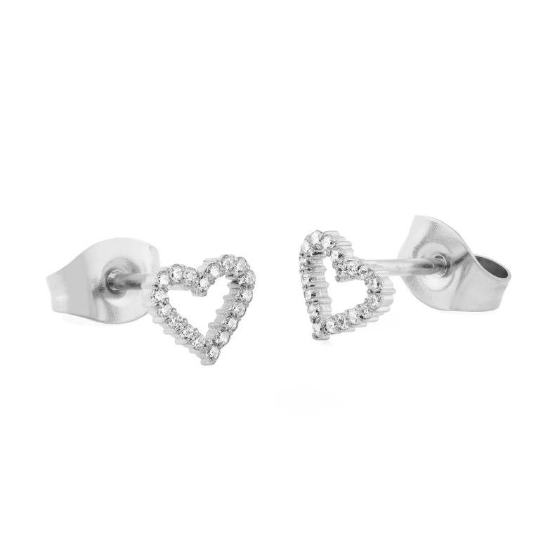 Mirelle Heart Earring Silver stud earrings featuring an open heart shape, set with sparkling white cubic zirconia crystals and finished with secure butterfly backs for comfortable, everyday wear.