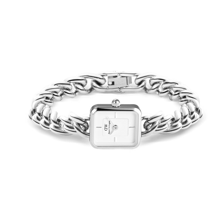 Jolie Chain Silver ladies watch with a chunky polished silver chain bracelet, petite square white dial, and foldover clasp, shown laid flat to highlight its modern, jewellery-inspired design.