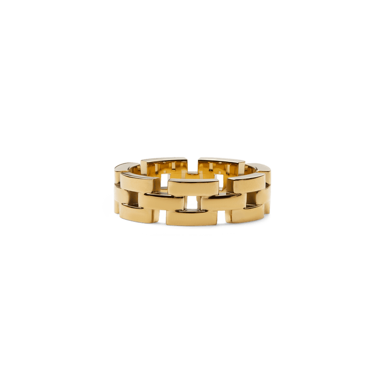 3-Link Ring Gold with bold, rectangular links and a polished gold finish, designed for a modern yet timeless style.