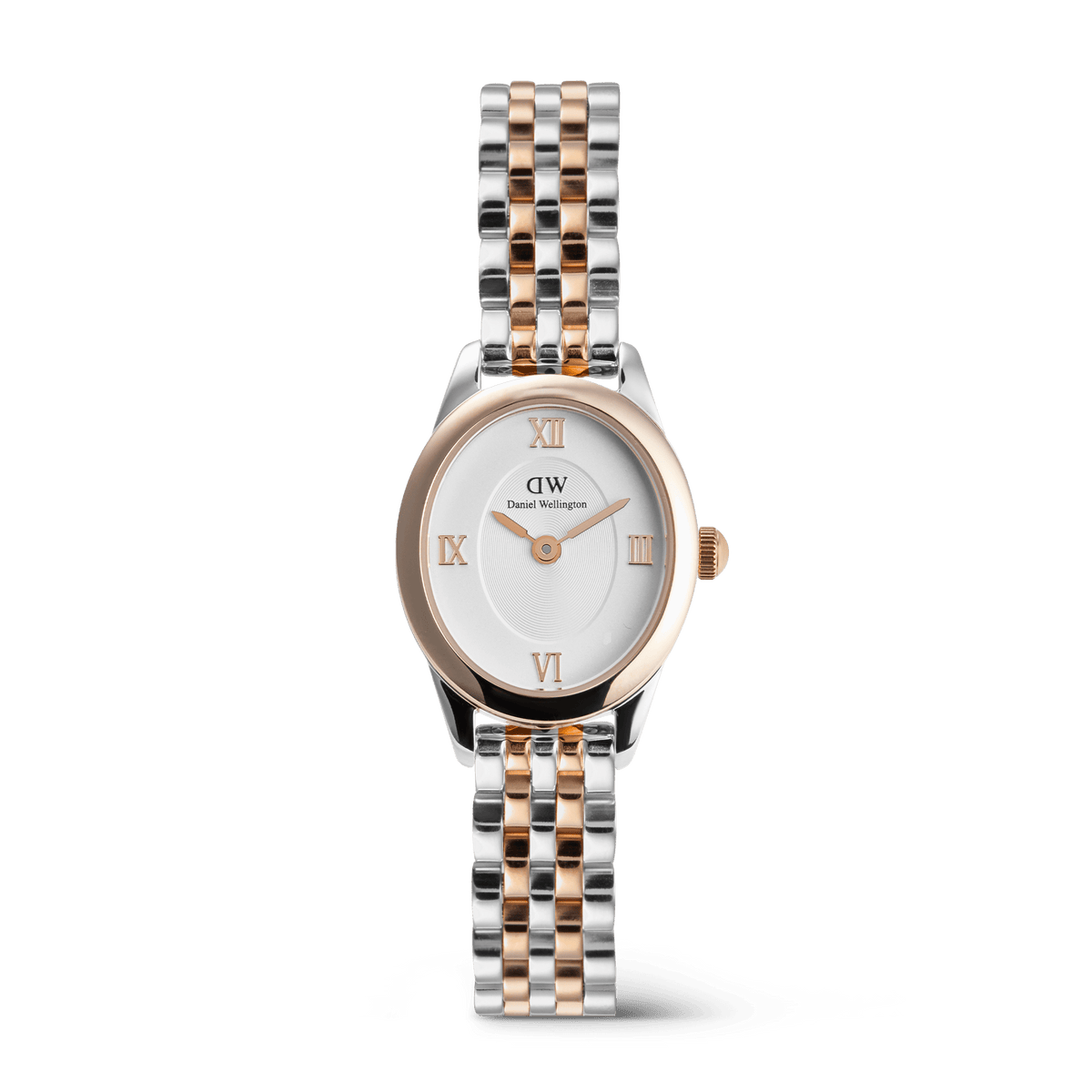 Petite ladies watch with an oval face, featuring a two-tone rose gold and silver five-link bracelet, white dial, and rose gold Roman numerals, designed for a refined and versatile look.