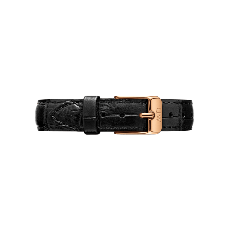 Reading Strap Rose Gold in black pressed croc leather with a rose gold buckle, featuring fine stitching and a textured finish for a classic, elegant look.