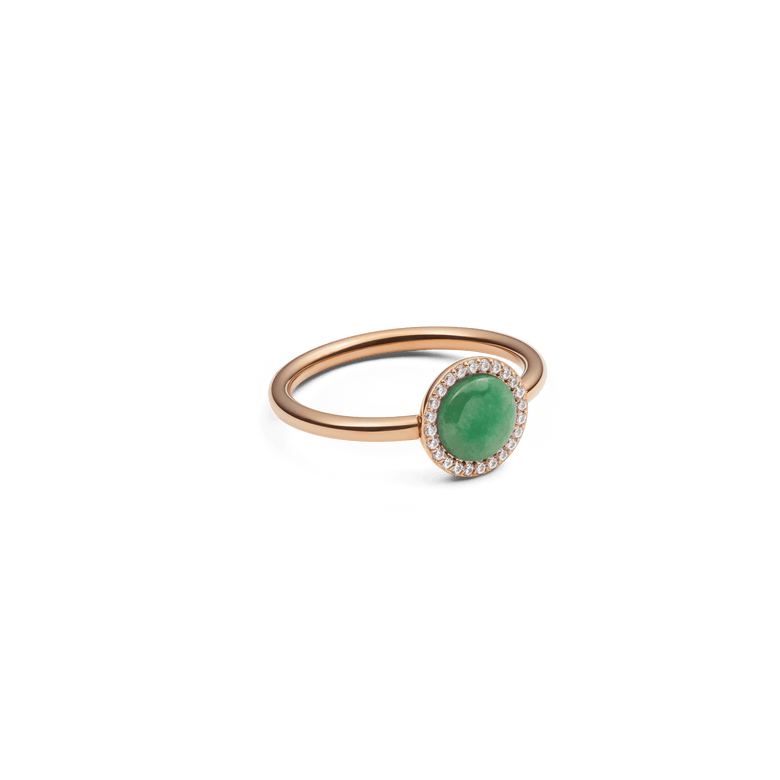 Audrey Ring Jade Rose Gold with a polished rose gold band, featuring a domed green jade stone encircled by a halo of white cubic zirconia for a refined, modern look.