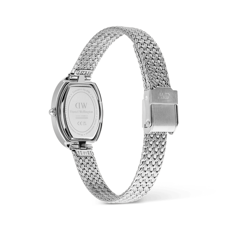 Rear view of the Juliette Braided Mesh White Sunray Silver ladies watch, showing the oval stainless steel case, engraved case back, and adjustable braided mesh strap with a secure fold-over clasp.