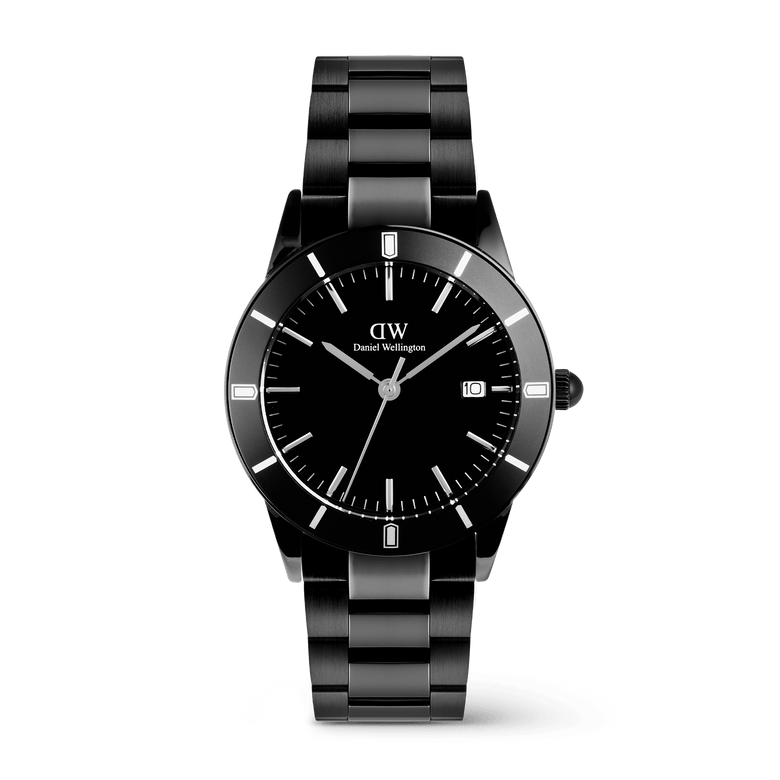 Iconic Paradigma Link Black men’s watch with a 40mm stainless steel case, minimalist black dial, bold index bezel, and a polished and brushed black link bracelet, featuring a date display and clear index markings.