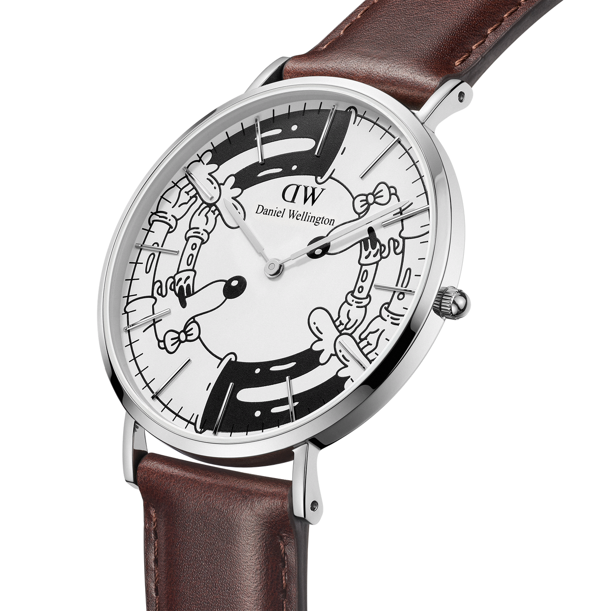 Daniel Wellington Bristol BW dial watch from the Steven Harrington collaboration, featuring a stainless steel case, brown Italian leather strap, and distinctive black and white psychedelic artwork on the dial.