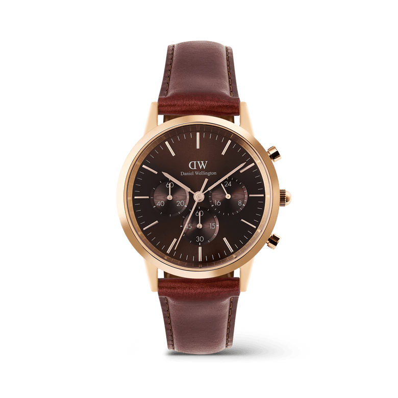 Iconic Chronograph St Mawes Amber RG men's watch featuring a rose gold case, amber sunray dial with three sub-dials, and a classic brown leather strap, blending timeless style with practical chronograph functions.