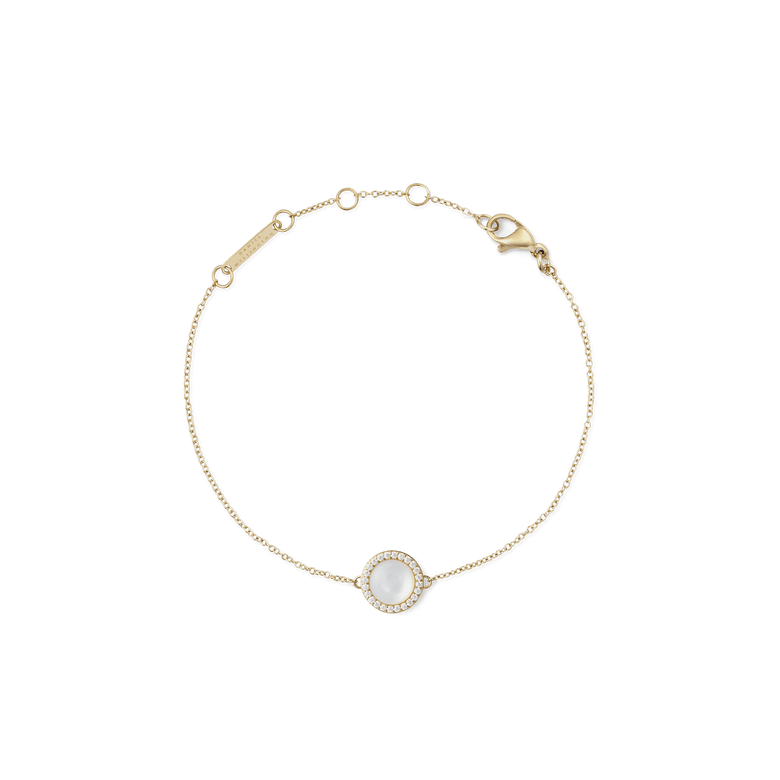 Slim gold chain bracelet featuring a domed mother of pearl centrepiece surrounded by white cubic zirconia, with an adjustable clasp for a comfortable fit.