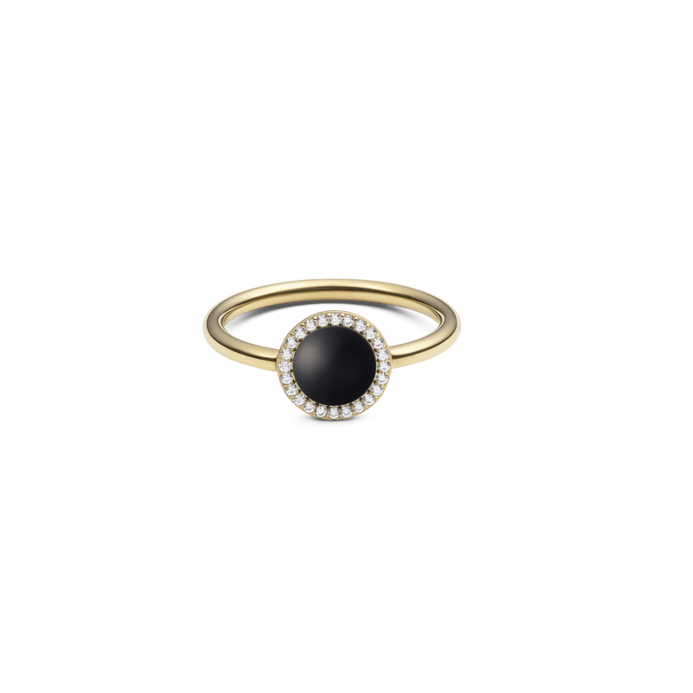 Audrey Ring Black Agathe Gold with a slim gold band, featuring a domed black agate centrepiece framed by a halo of sparkling white cubic zirconia crystals.