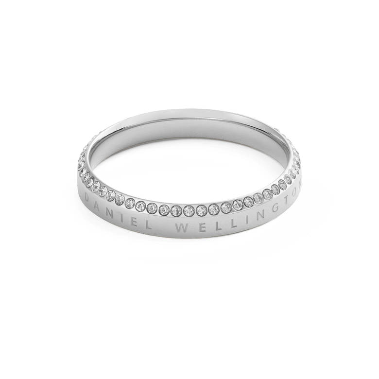 Classic Aura Ring Silver with a slim polished stainless steel band, featuring a single row of white crystals along the chamfered edge and subtle engraved branding for a modern, elegant finish.