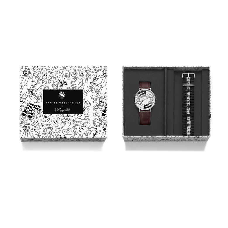 Steven Harrington x Daniel Wellington Bristol BW dial & Strap Silver set presented in exclusive illustrated packaging, featuring a brown leather strap watch and an interchangeable black and white NATO strap with eye-print motif.