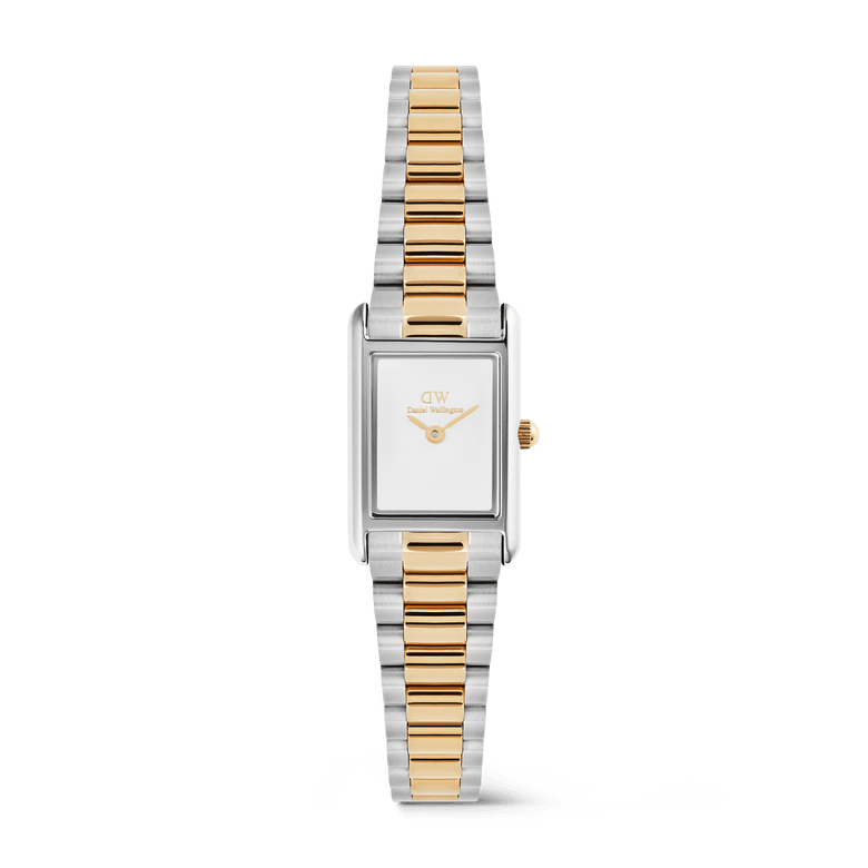 Rectangular ladies watch with a minimalist white dial, featuring a two tone silver and rose gold three-link bracelet and a slim, elegant design.