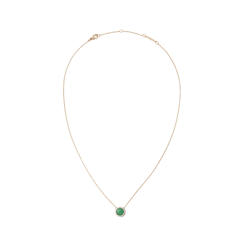 Rose gold necklace with a fine adjustable chain, featuring a round green jade pendant framed by a halo of white cubic zirconia crystals.