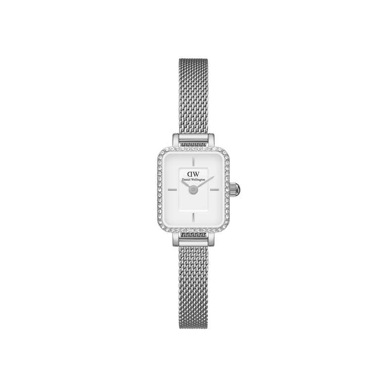 Quadro Mini Lumine Bezel Silver ladies watch with a rectangular white dial, crystal-studded bezel, and an adjustable silver mesh strap, designed for small wrists and everyday elegance.