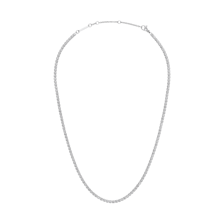 Classic Tennis Necklace Silver featuring individually set crystals and a sleek silver-plated finish, shown with an adjustable clasp for versatile styling.