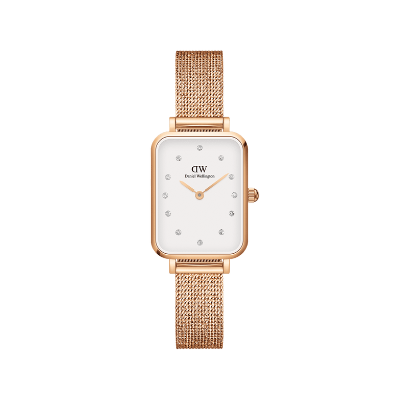 Quadro Lumine Pressed Melrose ladies watch with a rectangular rose gold case, eggshell white dial featuring crystal markers, and a slim rose gold mesh bracelet, ideal for small wrists and everyday wear.