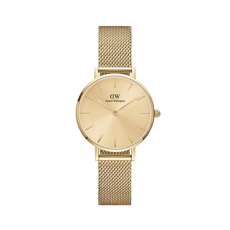 Petite Unitone Gold watch featuring a minimalist gold round dial and an adjustable gold mesh strap, crafted from polished stainless steel for a refined and elegant look.