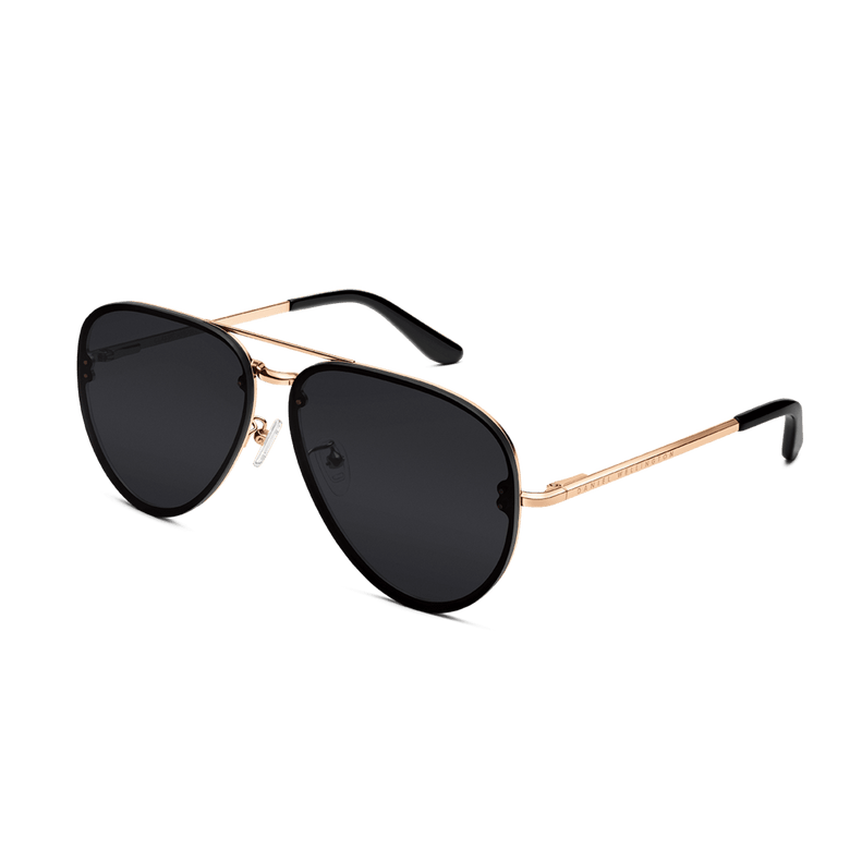 Avion Steel Rose Gold sunglasses with a rose gold plated stainless steel frame, black aviator lenses, slim arms, and black temple tips, shown at an angle to highlight the refined design and comfortable fit.
