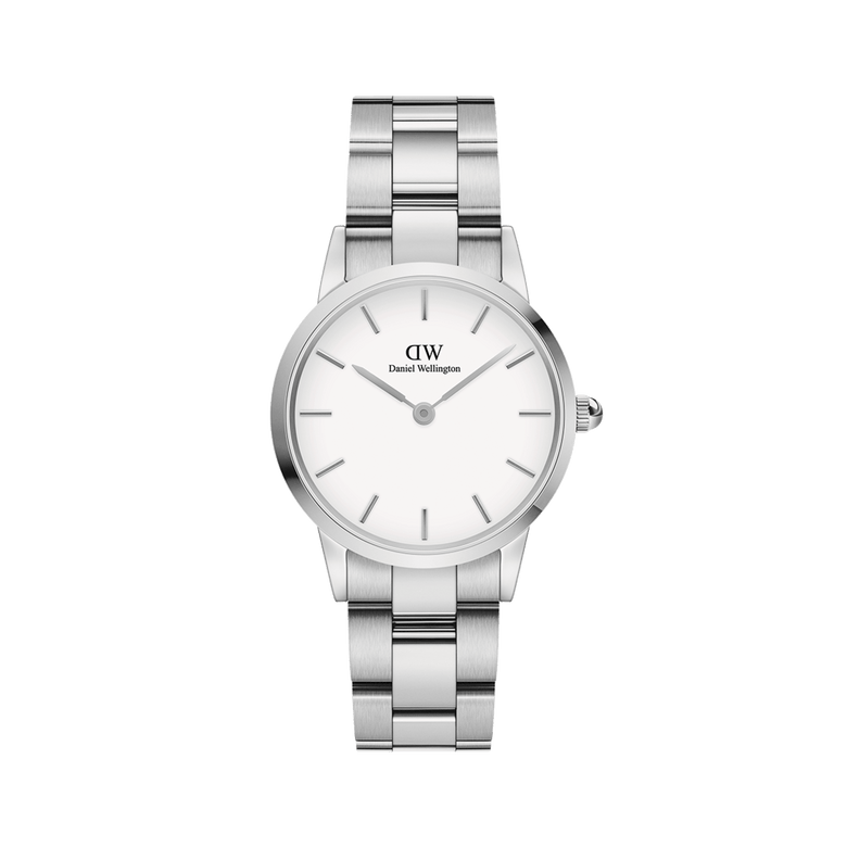 Iconic Link Silver watch by Daniel Wellington with a brushed stainless steel bracelet, minimalist eggshell white dial, and slim silver hour markers, ideal for both men and women.