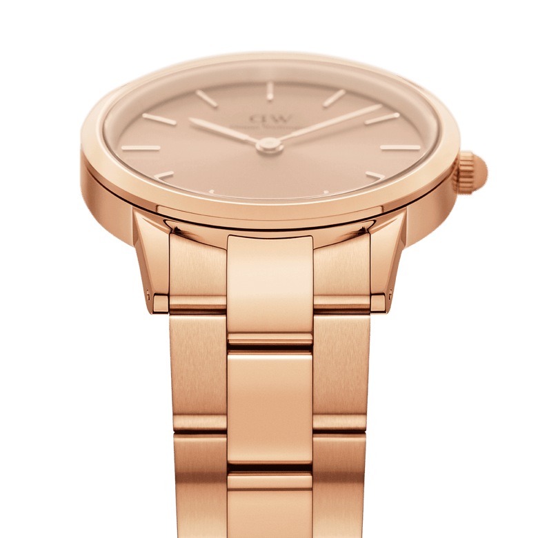 Iconic Link Unitone RG rose gold ladies watch featuring a brushed rose gold link bracelet, minimalist rose gold dial, and slim case profile, highlighting its elegant and cohesive design.