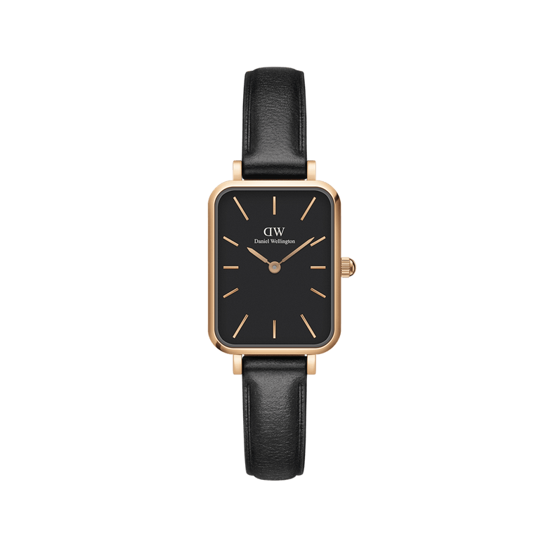 Quadro Pressed Sheffield Black Rose Gold ladies watch featuring a rectangular black dial with rose gold markers, rose gold case, and a slim black leather strap, designed for everyday elegance and comfort.